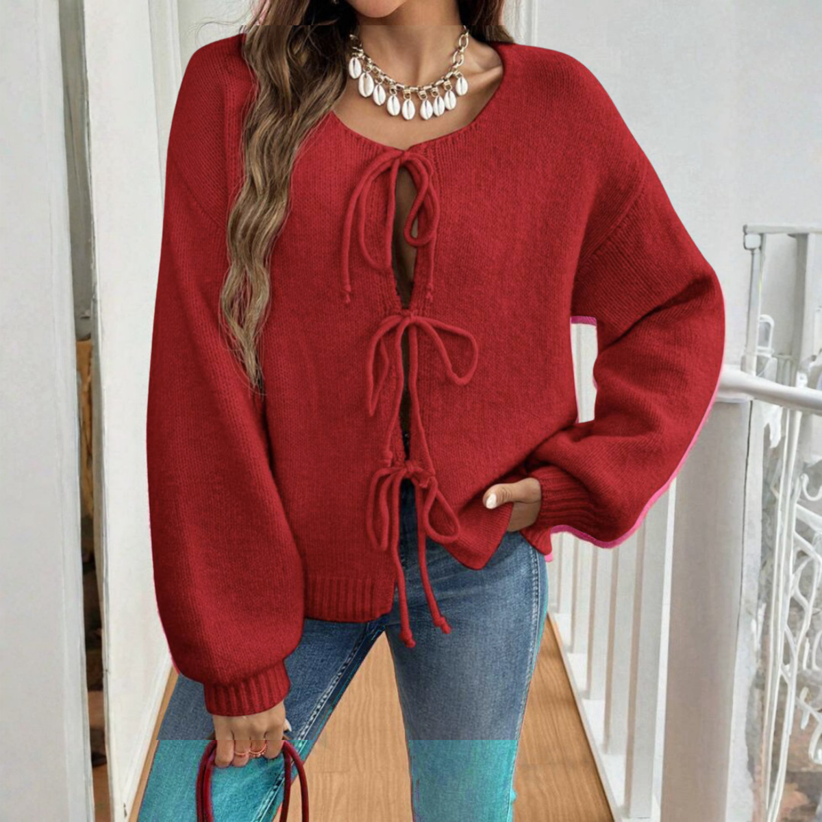 ADRIENNE™ - Chic Long Sleeve Round Neck Tie Front Cardigan