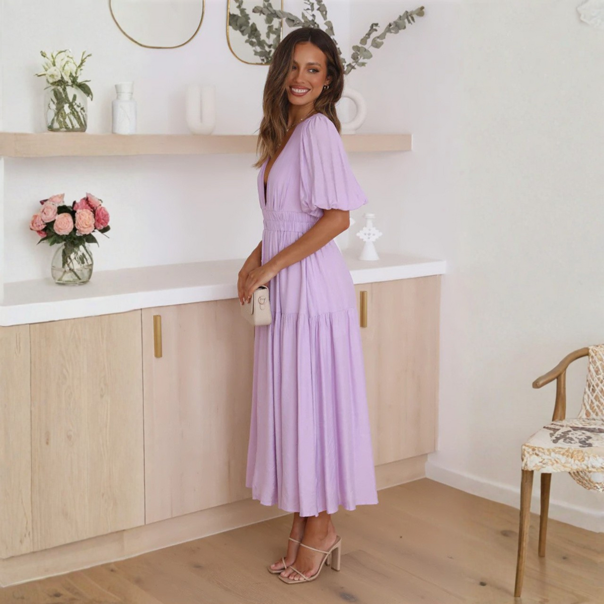 NAMU™ - Classy V-Neck Long Sleeve A-Line Maxi Dress