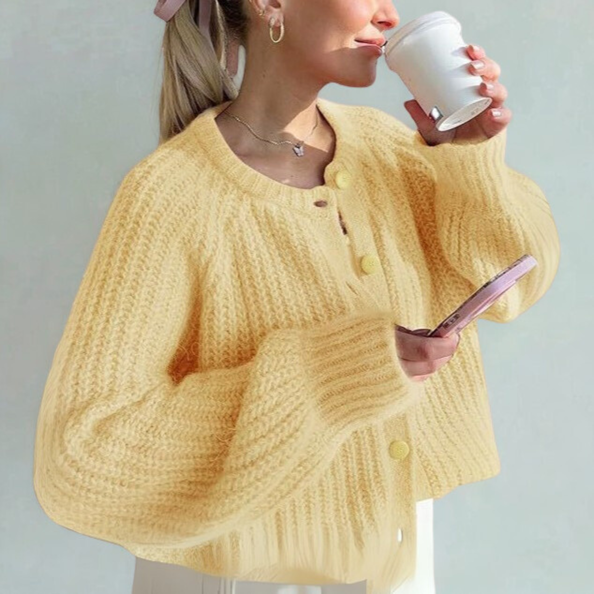 ELOWEN™ - Comfy Plain Button Down Long Sleeve Round Neck Cardigan