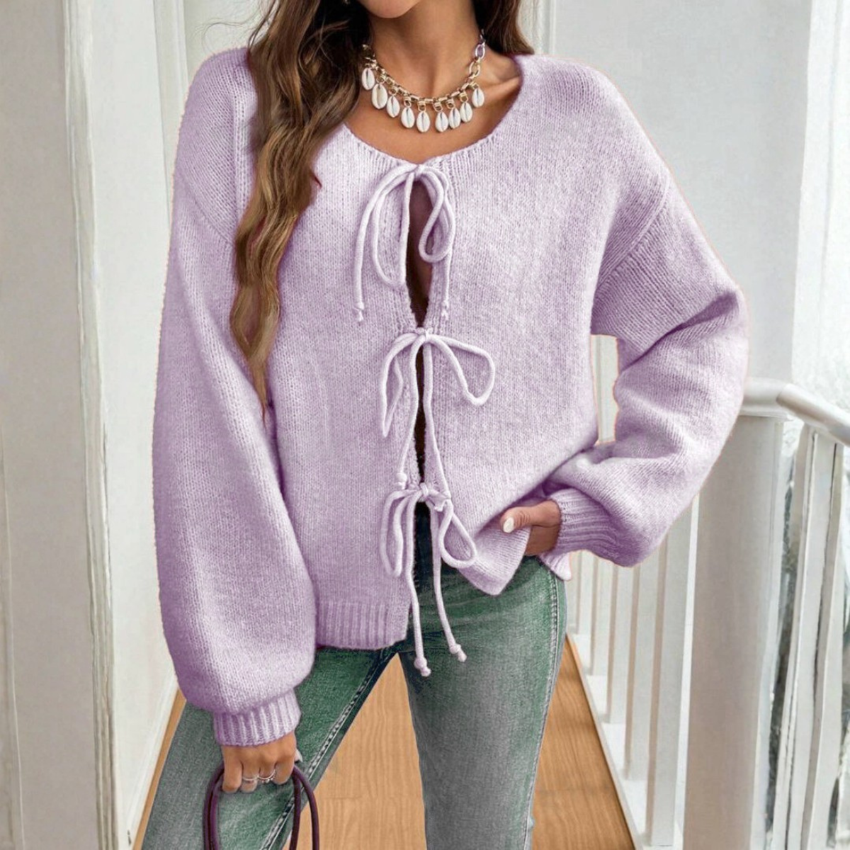 ADRIENNE™ - Chic Long Sleeve Round Neck Tie Front Cardigan