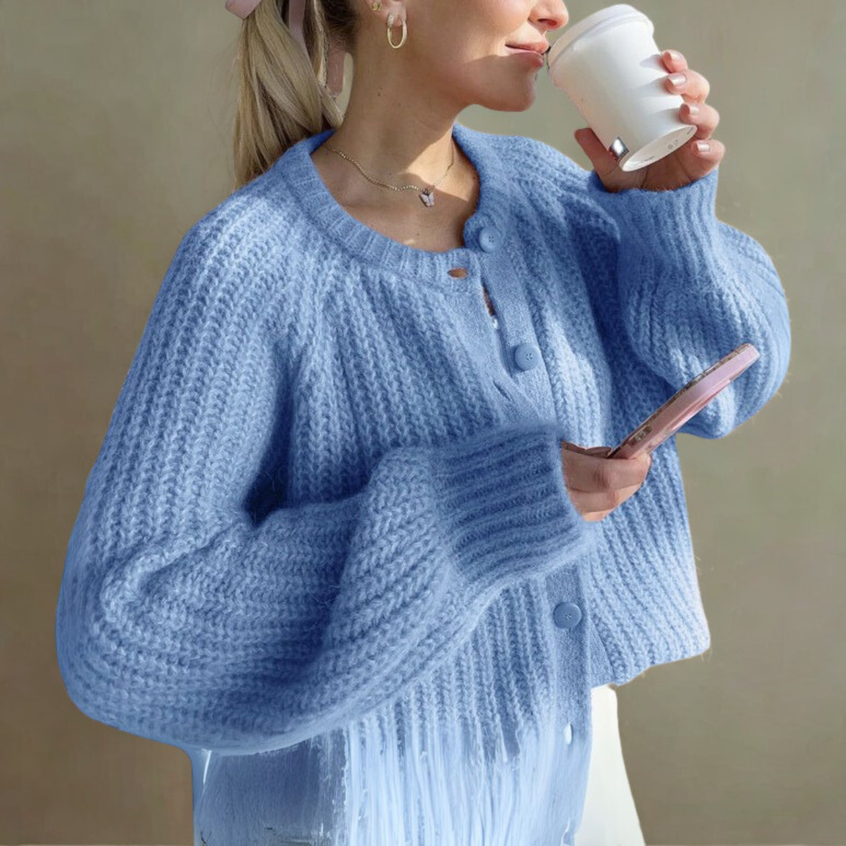 ELOWEN™ - Comfy Plain Button Down Long Sleeve Round Neck Cardigan