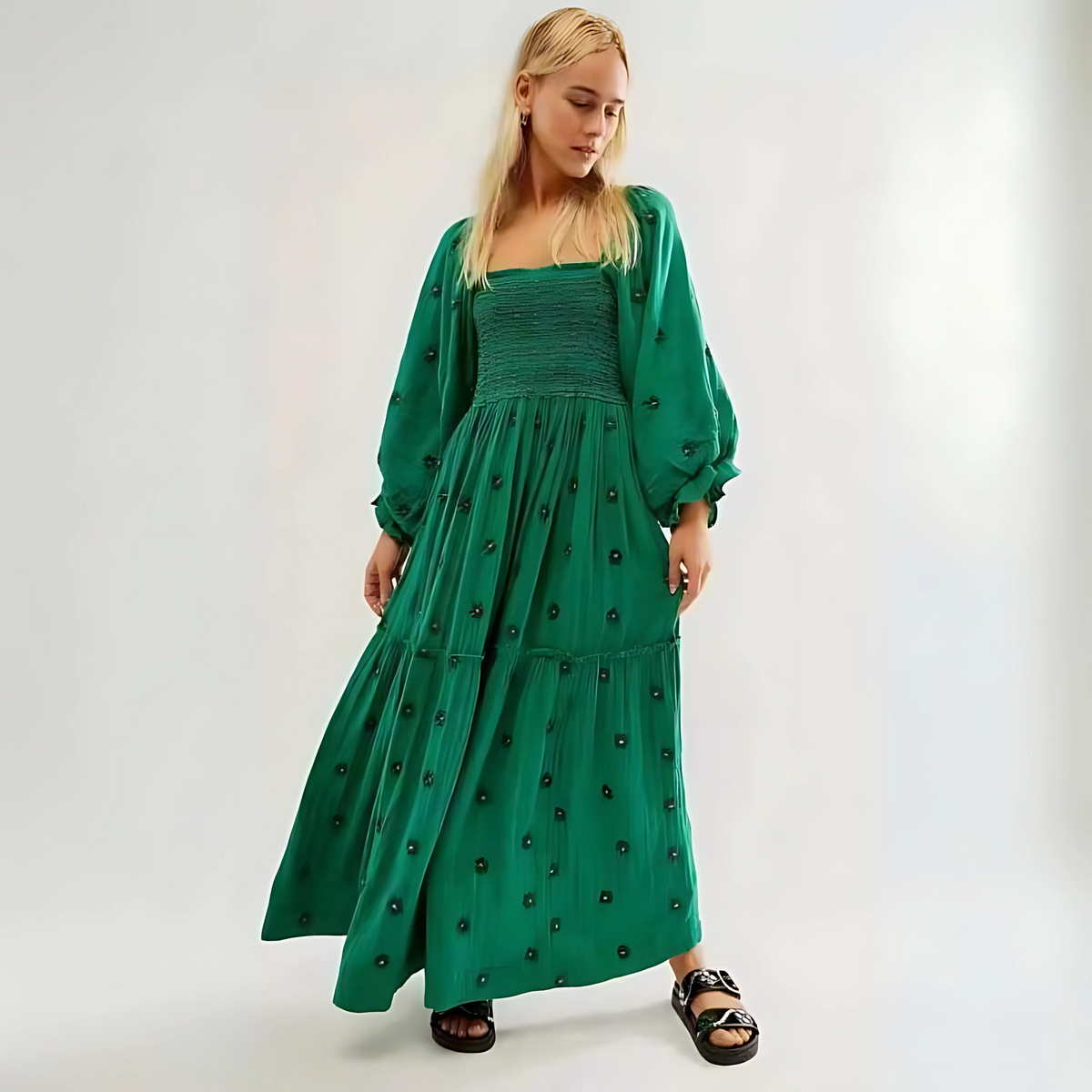 MOIRA™ - Comfy Floral Lantern Sleeve Square Neck Maxi Dress