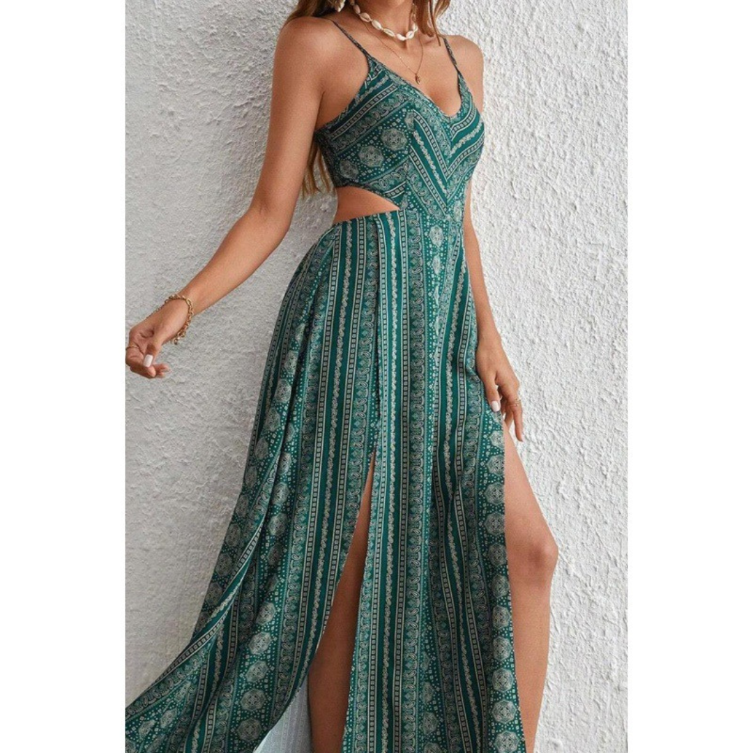 CLARINDA™ – Casual Deep V-Neck Shirred Sleeveless Maxi Dress