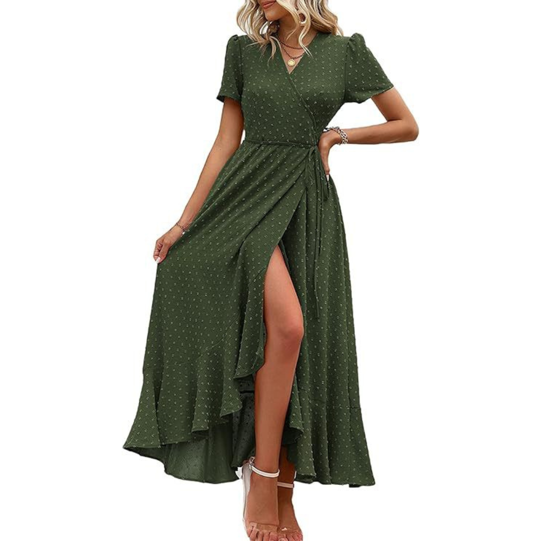 PILAR™ – Classy Flowy Wrap V-Neck Short Sleeve Maxi Dress