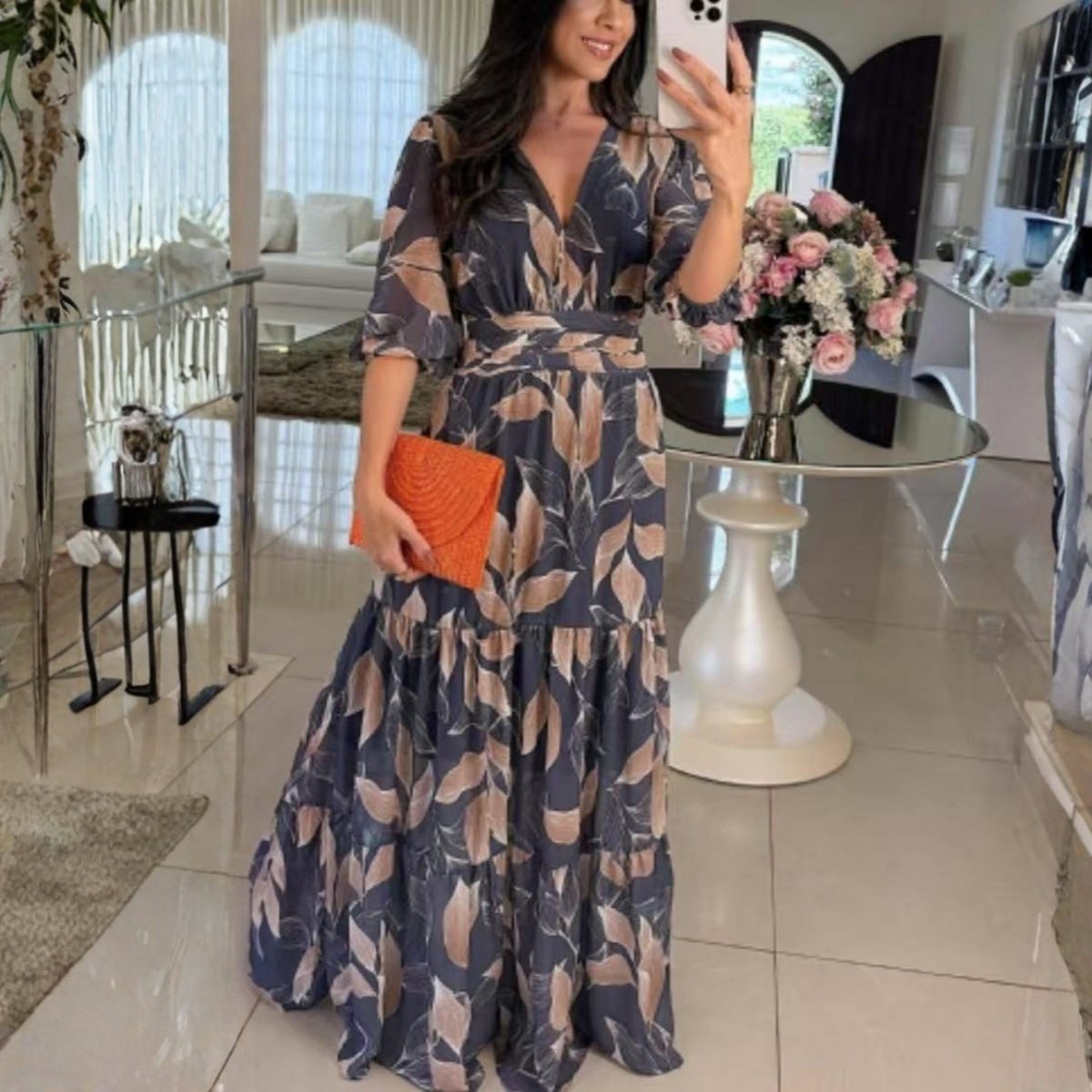 BELL™ - Elegant V-Neck Puff Sleeve Maxi Dress