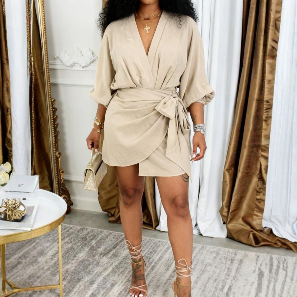 JEIYA™ - Chic Plain Side Tie Wrap V-Neck Bishop Party Mini Dress