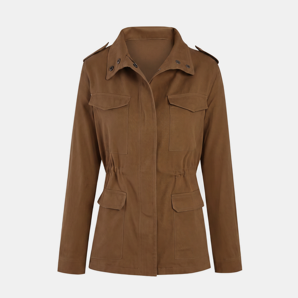 Women's Utility Cargo Jacket with Multi Pocket Drawstring Waist
