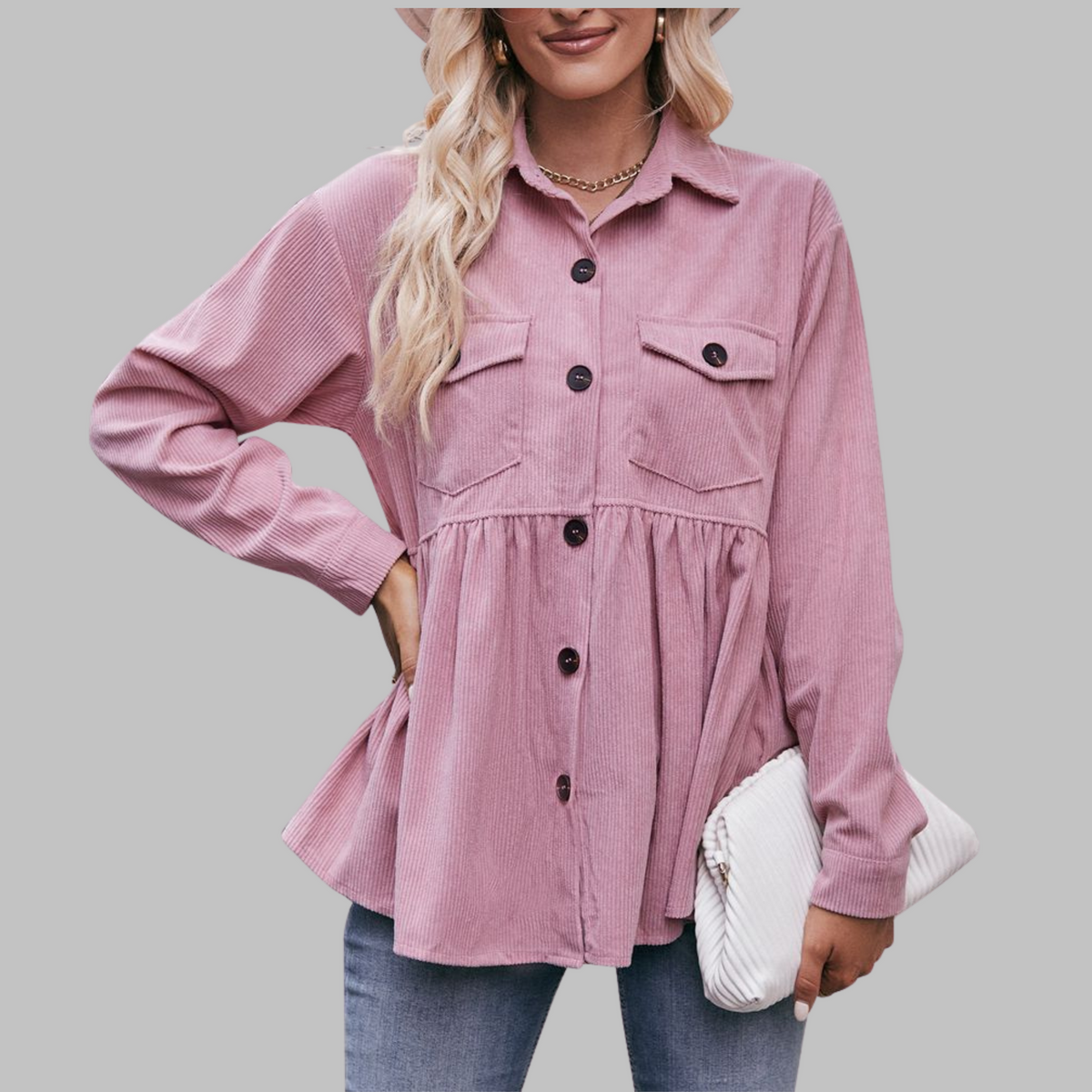 MARISA™ - Vintage Button Front Long Sleeve Collared Top