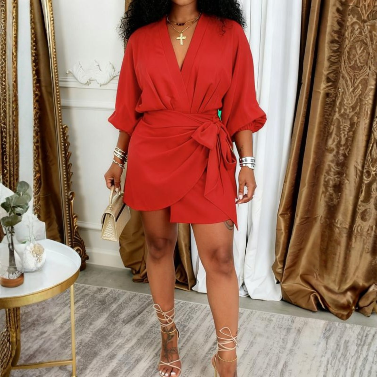 JEIYA™ - Chic Plain Side Tie Wrap V-Neck Bishop Party Mini Dress