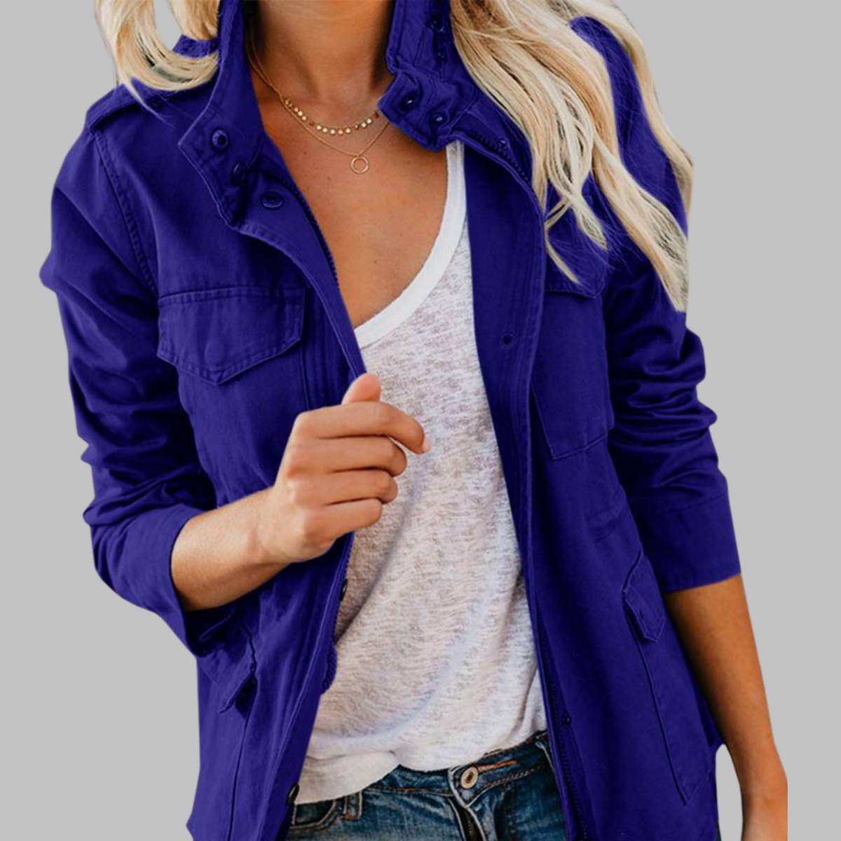 OLGA™ - Vintage Zip Up Button Military Jacket