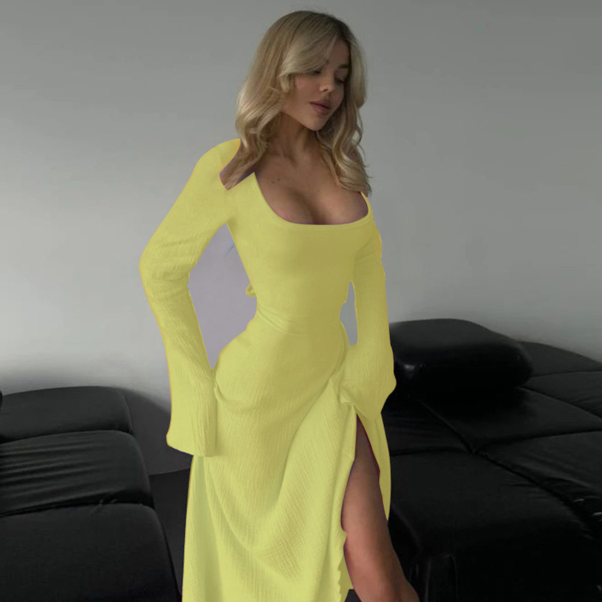 CILICIA™ - Classy Plain Flounce Long Sleeve Square Neck A-Line Maxi Dress