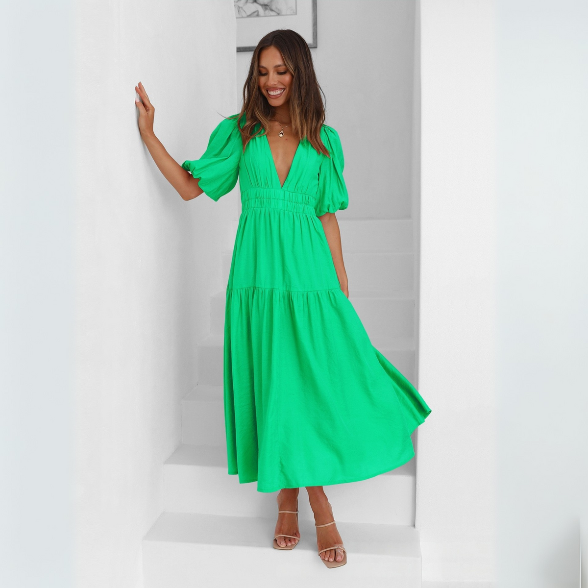 NAMU™ - Classy V-Neck Long Sleeve A-Line Maxi Dress