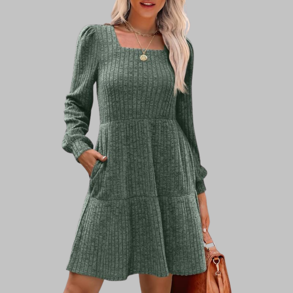 ULAN™ - Casual Square Neck Long Sleeve Midi Dress