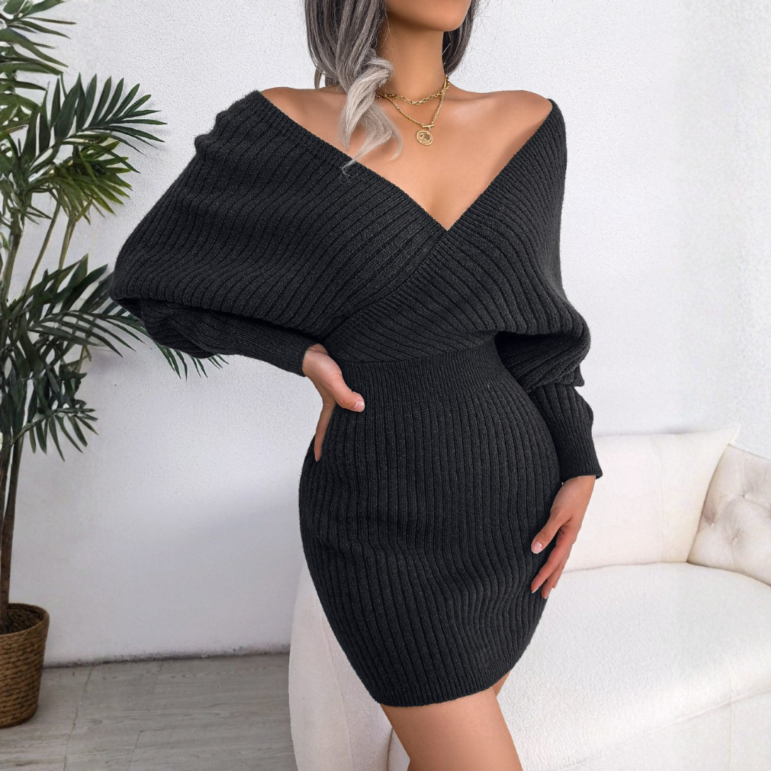 JUNO™ - Chic Wrapped V-Neck Long Sleeve Bodycon Mini Dress