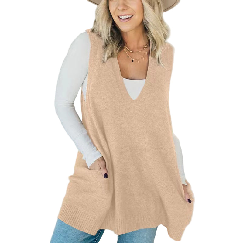 AMBER™ - Casual Sleeveless V Neck Tunic Knit Vest with Side Pockets