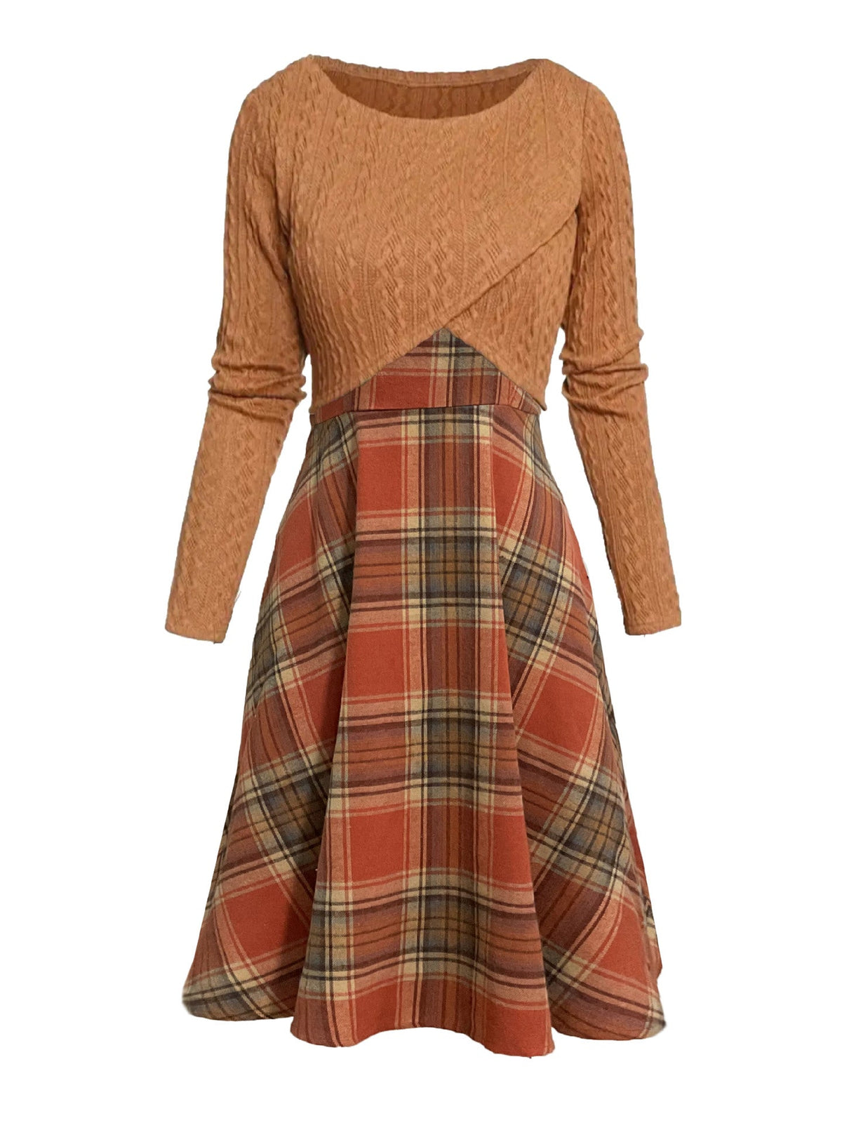 JORY™ - Vintage Round Neck Long Sleeve Crop Top and Plaid Dress