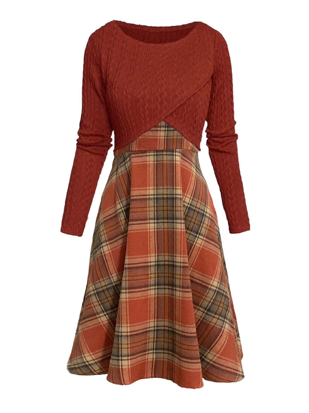 JORY™ - Vintage Round Neck Long Sleeve Crop Top and Plaid Dress