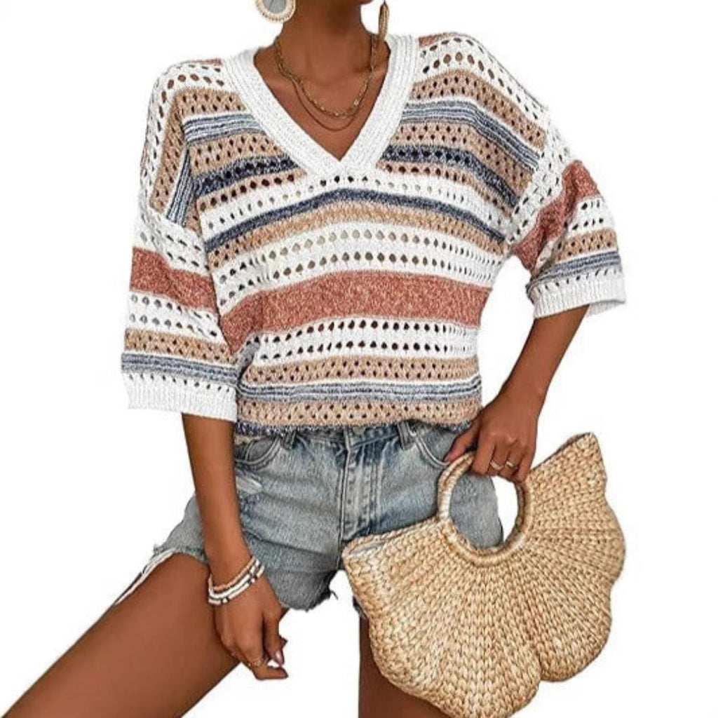 KELISE™ – Casual Striped Crochet V-Neck Summer Top