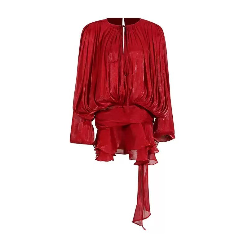 SARA™ - Ruffle Skirt Two-Piece with Lantern Sleeves & Tie-up Front