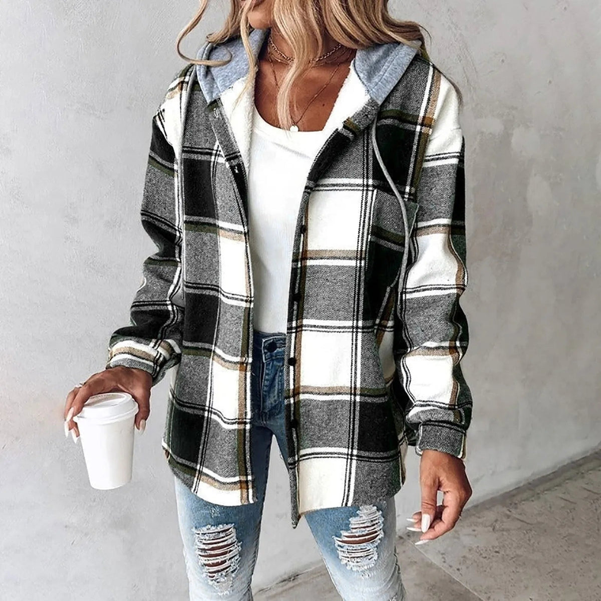 PAIGE™ - Chic Plaid Long-Sleeve Button Down Hooded Jacket