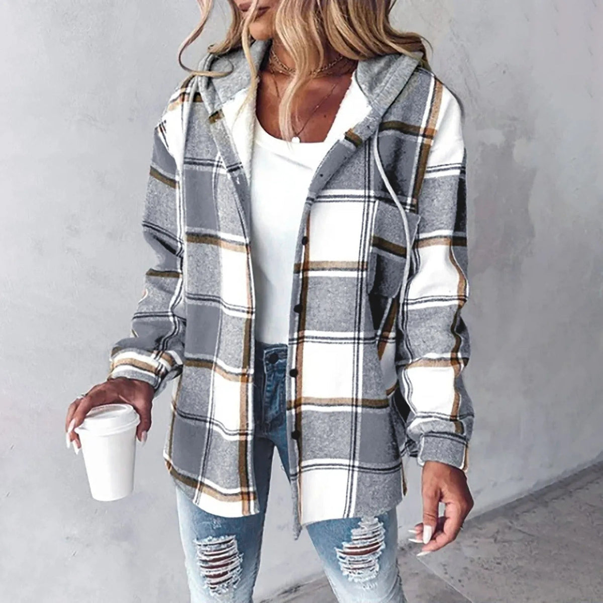 PAIGE™ - Chic Plaid Long-Sleeve Button Down Hooded Jacket