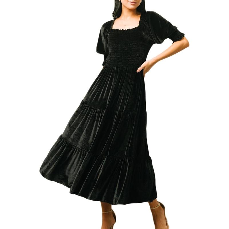 AUDREY™ - Square Neck Puff Sleeve A-Line Midi Dress for All Occasions